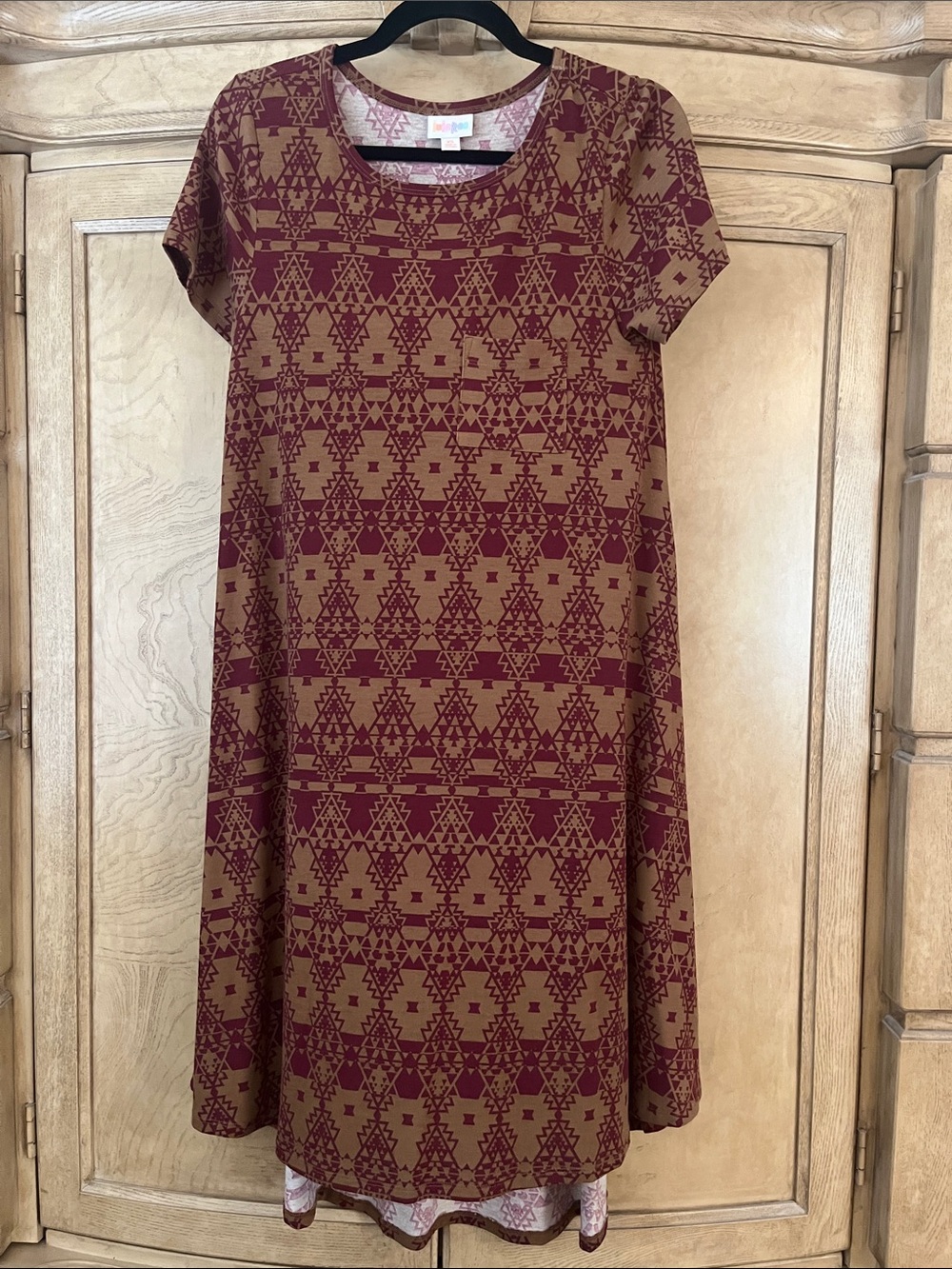 Lularoe carly Dress in Burgundy and Tan with Geometric Print